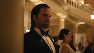 Sebastian Stan as Bucky Barnes wearing tuxedo at gala in Thunderbolts*