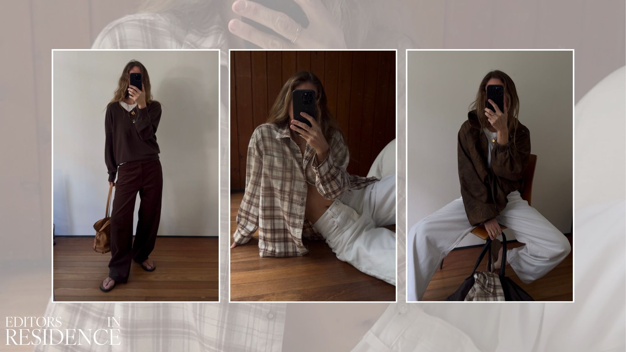 Woman wears khaki trench coat, white Tee, white jenas; woman wears black blazer, blacj trousers; woman wears lace top, red cardigan, blue jeans