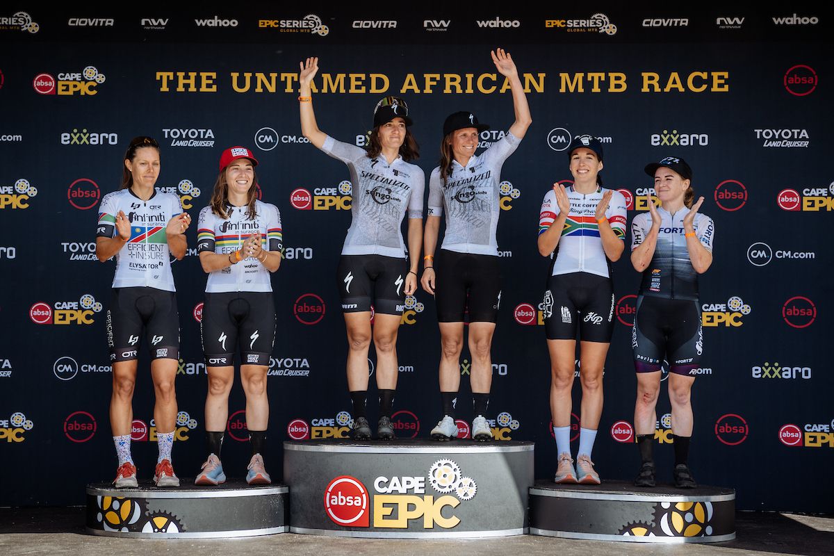 Womens Podium L - R, Teams Efficient Infiniti Insure, NinetyOne-Songo-Specialized, e-FORT.net | SeattleCoffeeCo during the Prologue of the 2023 Absa Cape Epic Mountain Bike stage race held at Meerendal Wine Estate, Durbanville, Cape Town, South Africa on the 19th March 2023