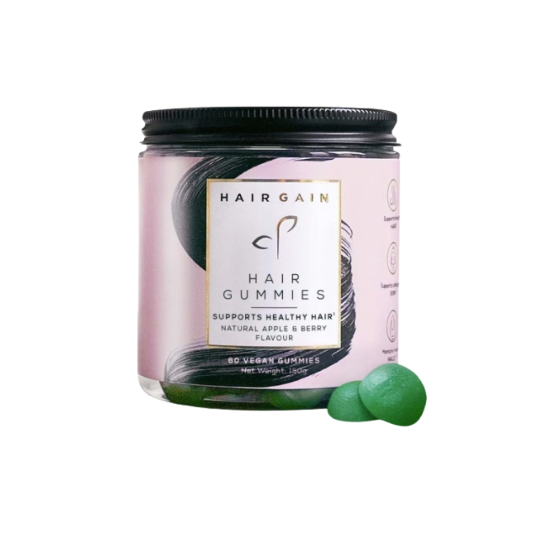 A product shot of the Hair Gain Gummies, on a white background