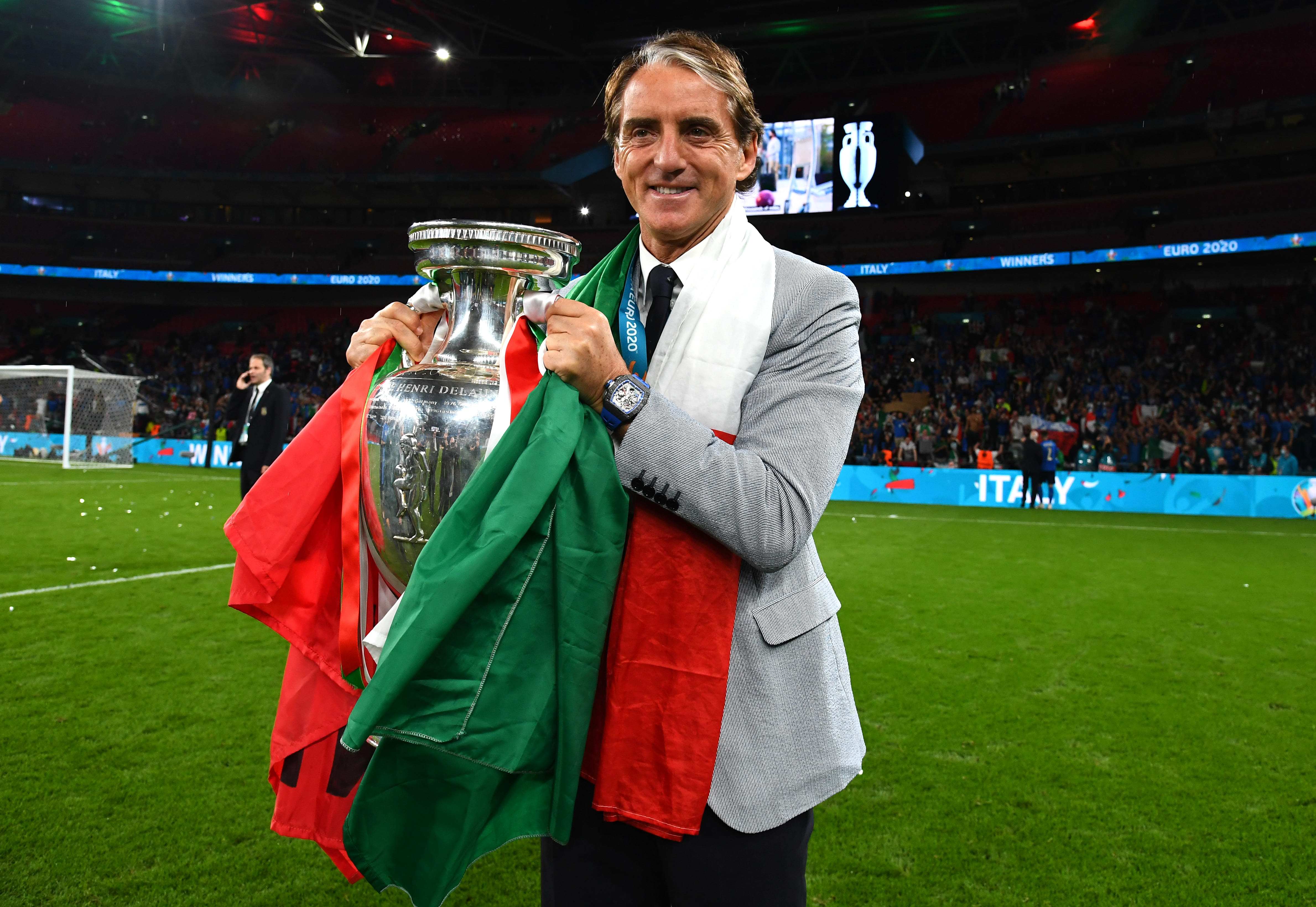 Italy coach Roberto Mancini with the European Championship trophy after the Azzurri's win on penalties against England in the final of Euro 2020.