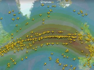 A map provided to Live Science by FlightRadar24 shows a line of jets clustering in the fastest-moving winds of the jet stream.