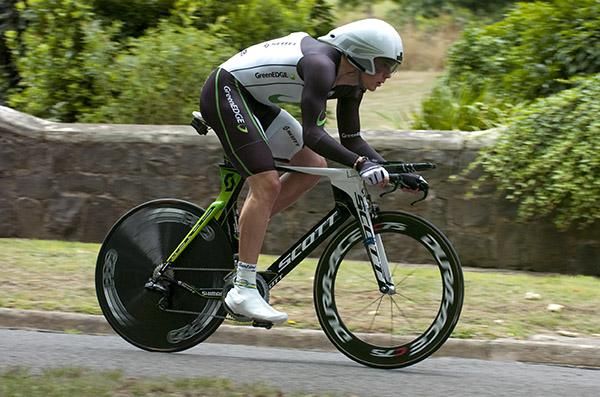 Michael Hepburn heads down the main street in Learmonth in his ride against the clock.