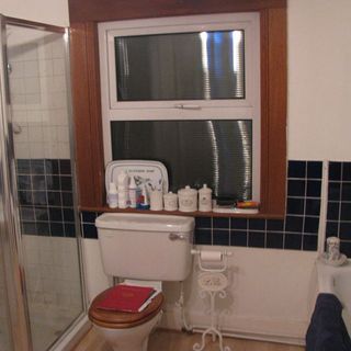 bathroom with white toilet and wooden framed windows