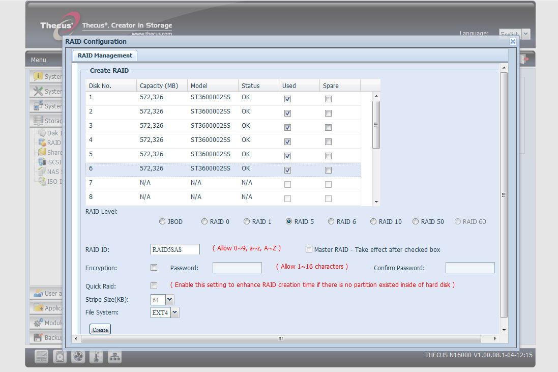 Plenty of RAID options are provided. For performance testing we used six Seagate Cheetah 6Gbit/s SAS drives configured for RA