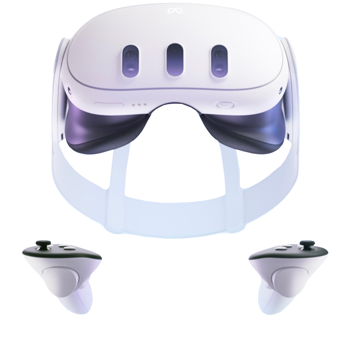 Meta Quest 3 headset and controllers rendered on white background