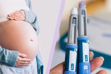 Pregnant woman cradling bump alongside Ozempic injections