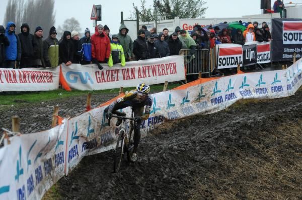Bart Wellens tries to stay upright on a technical section of the course.
