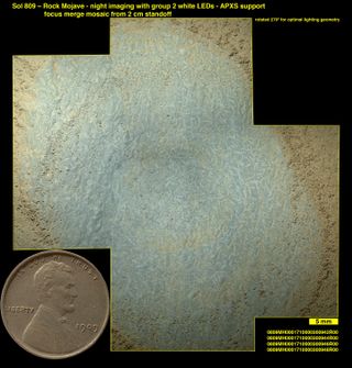 Lozenge-shaped crystals are apparent in this view of the Martian rock target "Mojave," taken by the Mars Hand Lens Imager (MAHLI) instrument on the Curiosity rover's arm.