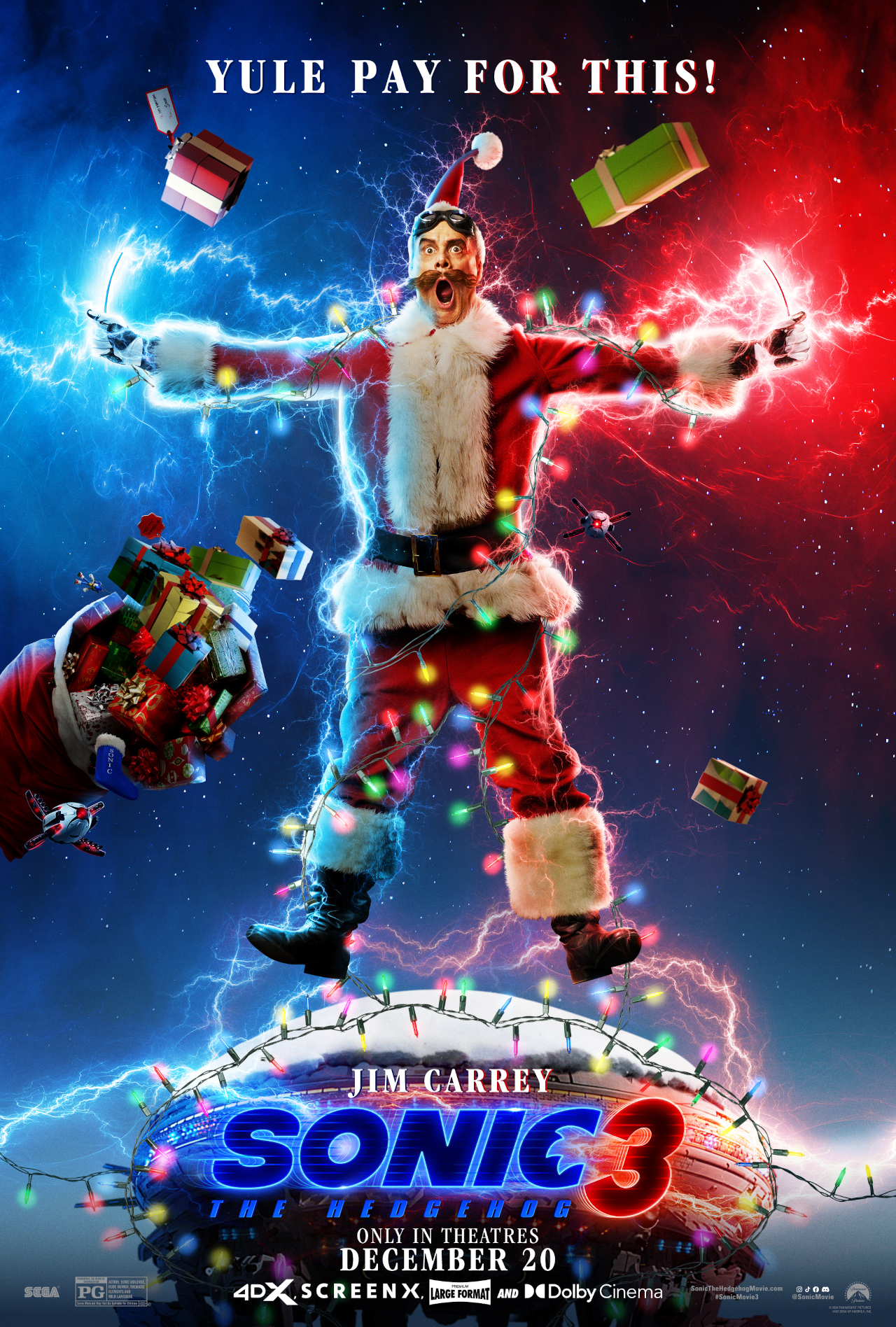 Jim Carrey being electrocuted dressed as Santa in a tribute to National Lampoon's Christmas Vacation for Sonic the Hedgehog 3.