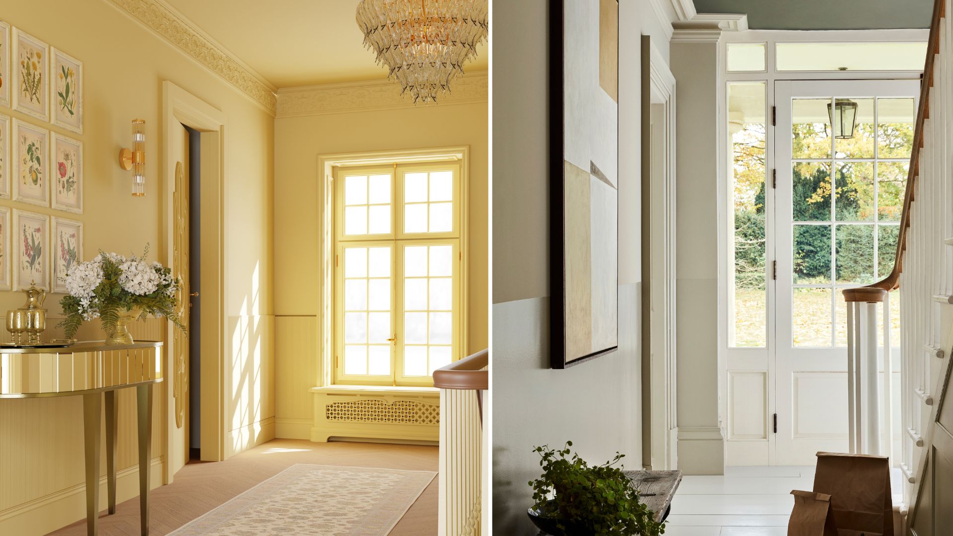 Split image show hallways painted in yellow and white to make the rooms look bigger