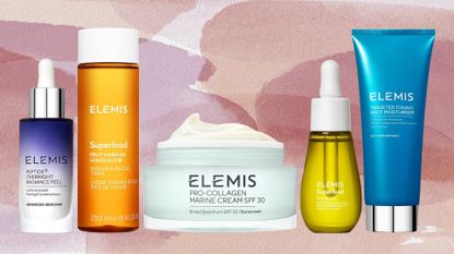 Collage of Elemis products (L-R) Peptide4 Radiance Peel, Superfood Fruit Vinegar Liquid Glow Supersize, Pro-Collagen Marine Cream, Superfood Facial Oil and Targeted Toning Body Moisturiser, on a pink watercolour background