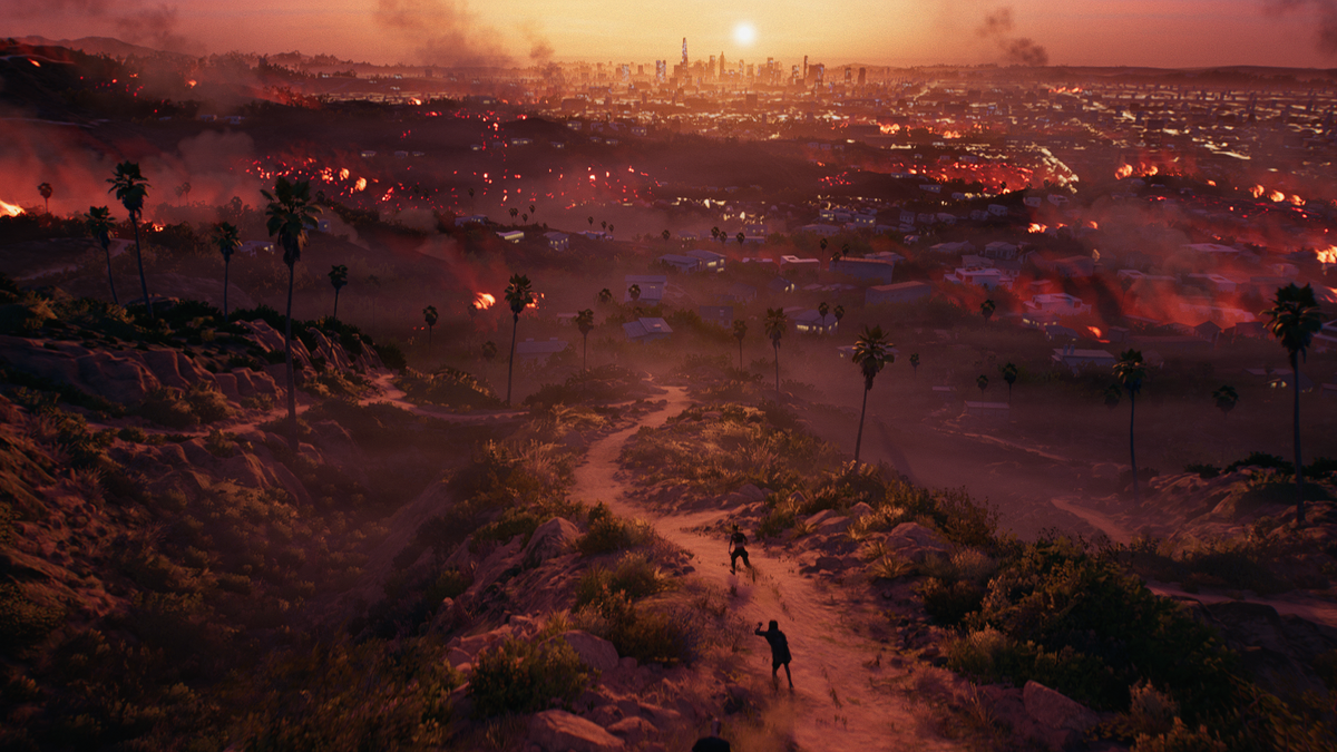 The burning landscape of a zombie-infested LA in Dead Island 2.