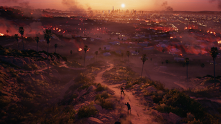 The burning landscape of a zombie-infested LA in Dead Island 2.