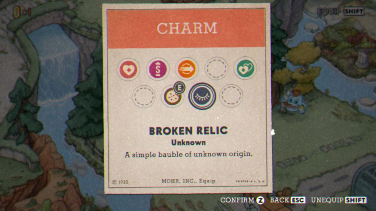Cuphead Broken Relic in the charm menu