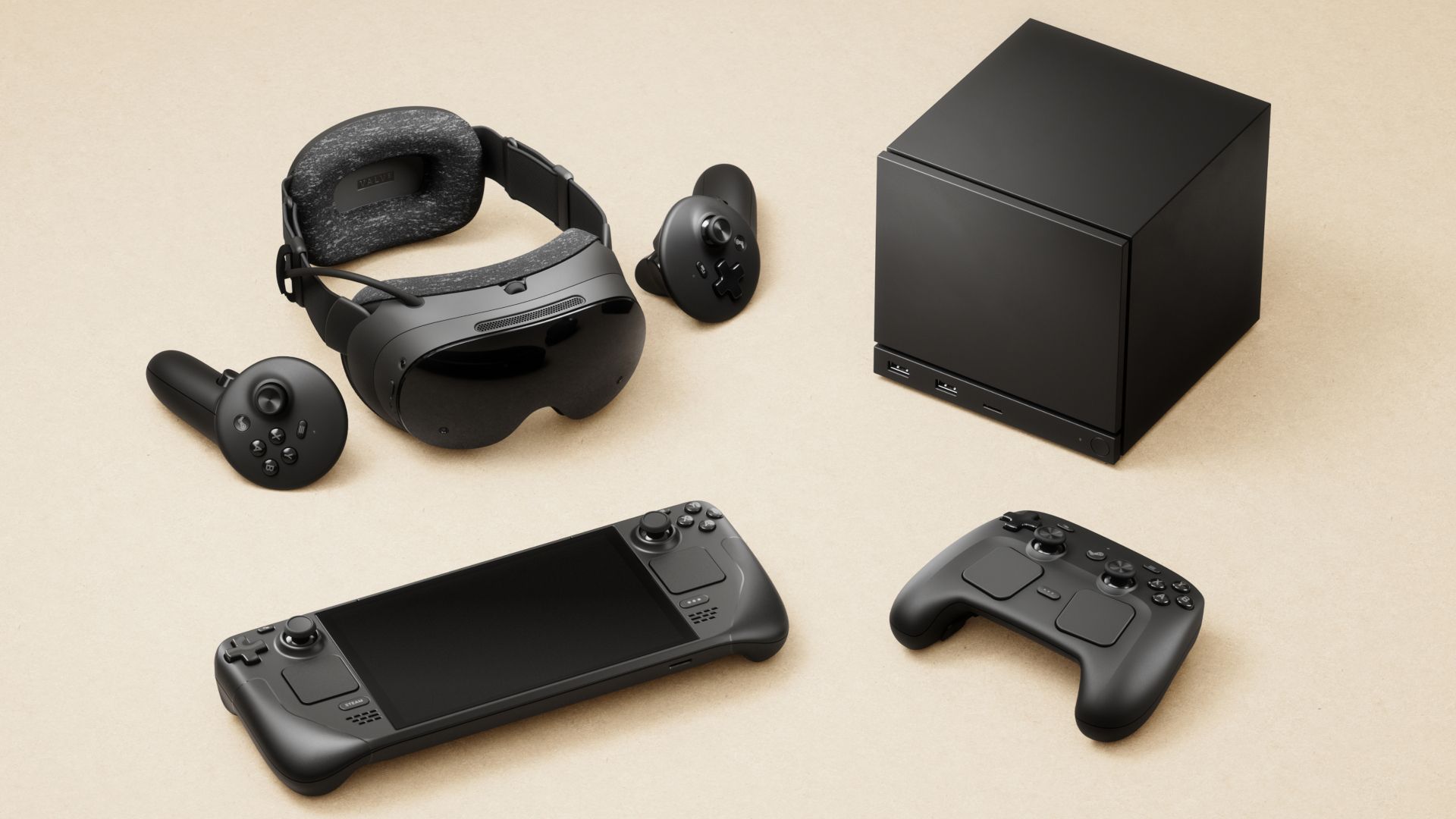 Valve's new VR headset, the Steam Frame, with accessories.