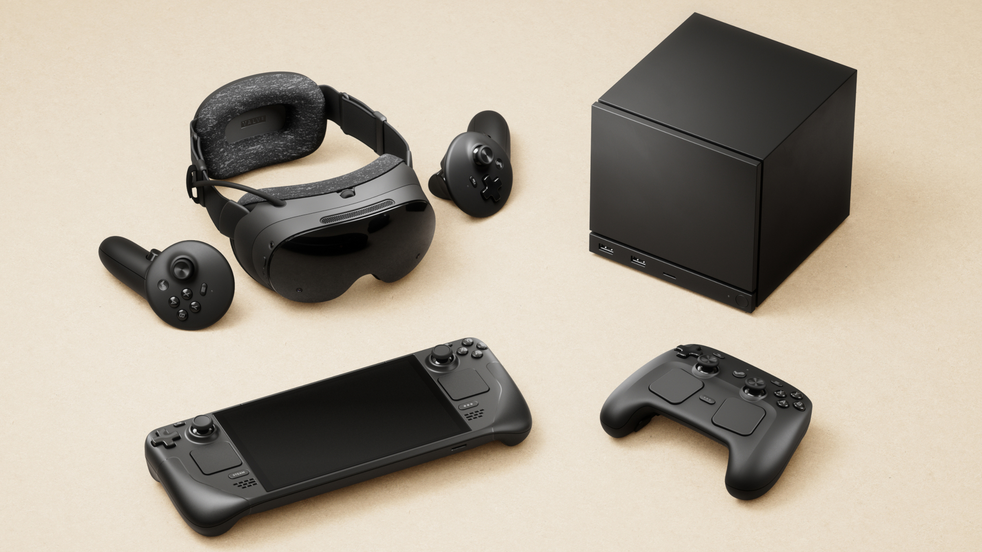 Valve's new VR headset, the Steam Frame, with accessories.