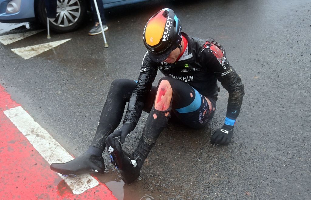 Italian Jonathan Milan of Bahrain Victorious lies on the ground after a crash during the mens GentWevelgem In Flanders Fields cycling race 2609 km from Ieper to Wevelgem Sunday 26 March 2023 BELGA PHOTO DIRK WAEM Photo by DIRK WAEM BELGA MAG Belga via AFP Photo by DIRK WAEMBELGA MAGAFP via Getty Images