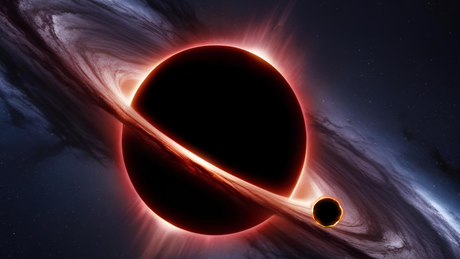 An illustration of a large black hole with a smaller black hole orbiting around it.
