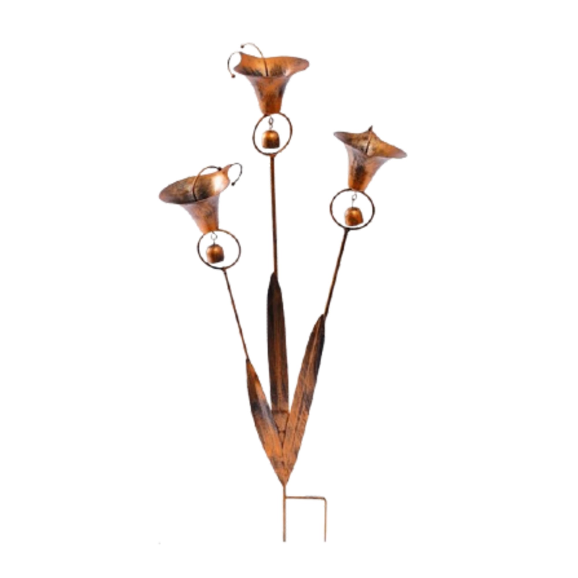 Flamed Copper Three Calla Lilies Garden Stake with Bells, Handmade Metal Rain Catcher product