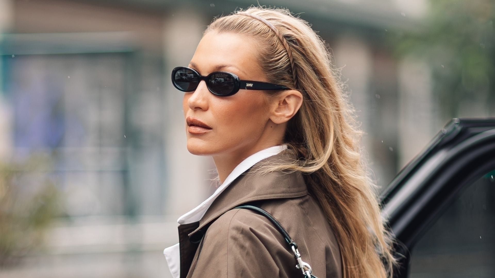 Bella Hadid was spotted in Paris wearing a brown Coach tabby bag