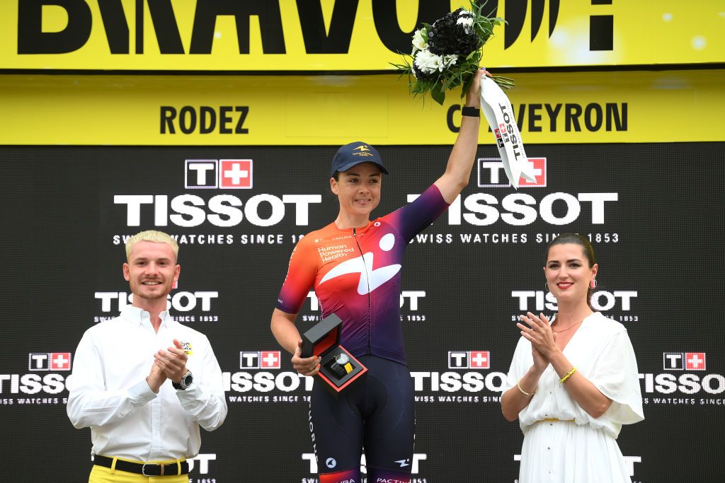 RODEZ FRANCE JULY 26 Audrey CordonRagot of France and Team Human Powered Health celebrates at podium as special Tissot sprint prize winner competes during the 2nd Tour de France Femmes 2023 Stage 4 a 1771km stage from Cahors to Rodez 572m UCIWWT on July 26 2023 in Rodez France Photo by Alex BroadwayGetty Images