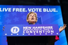 MANCHESTER, NH - SEPTEMBER 07:Democratic presidential candidate, Sen. Elizabeth Warren (D-MA) speaks during the New Hampshire Democratic Party Convention at the SNHU Arenaon September 7, 2019