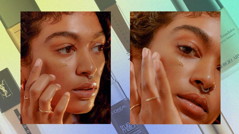 Model applying foundation to depict best non-comedogenic foundations, in the background foundation bottles from the likes of giorgio armani and lacome and displayed