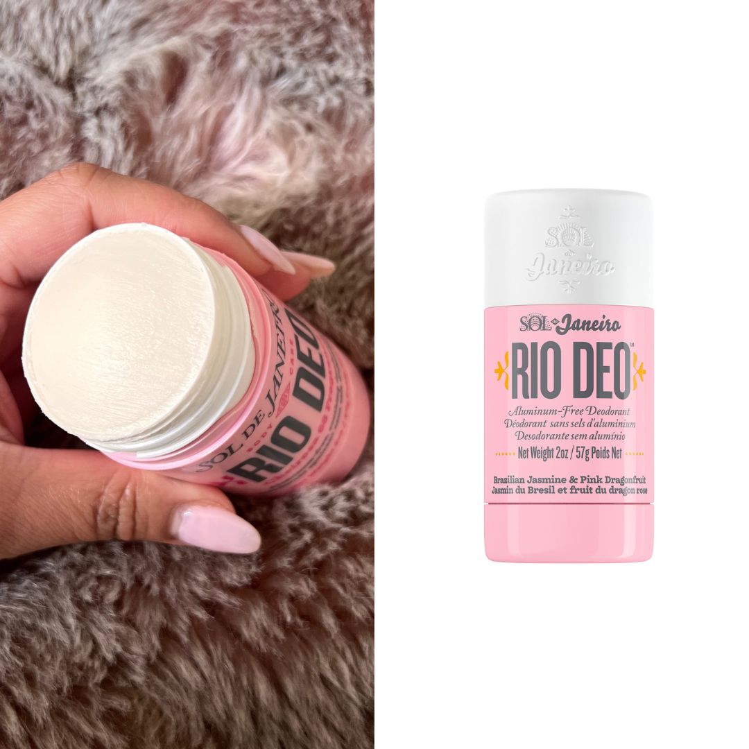 Aleesha holding Sol de Janeiro's Beija Flor Rio Deodorant next to a product shot of the bottle