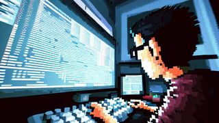 A person sat at a computer in a pixel art style