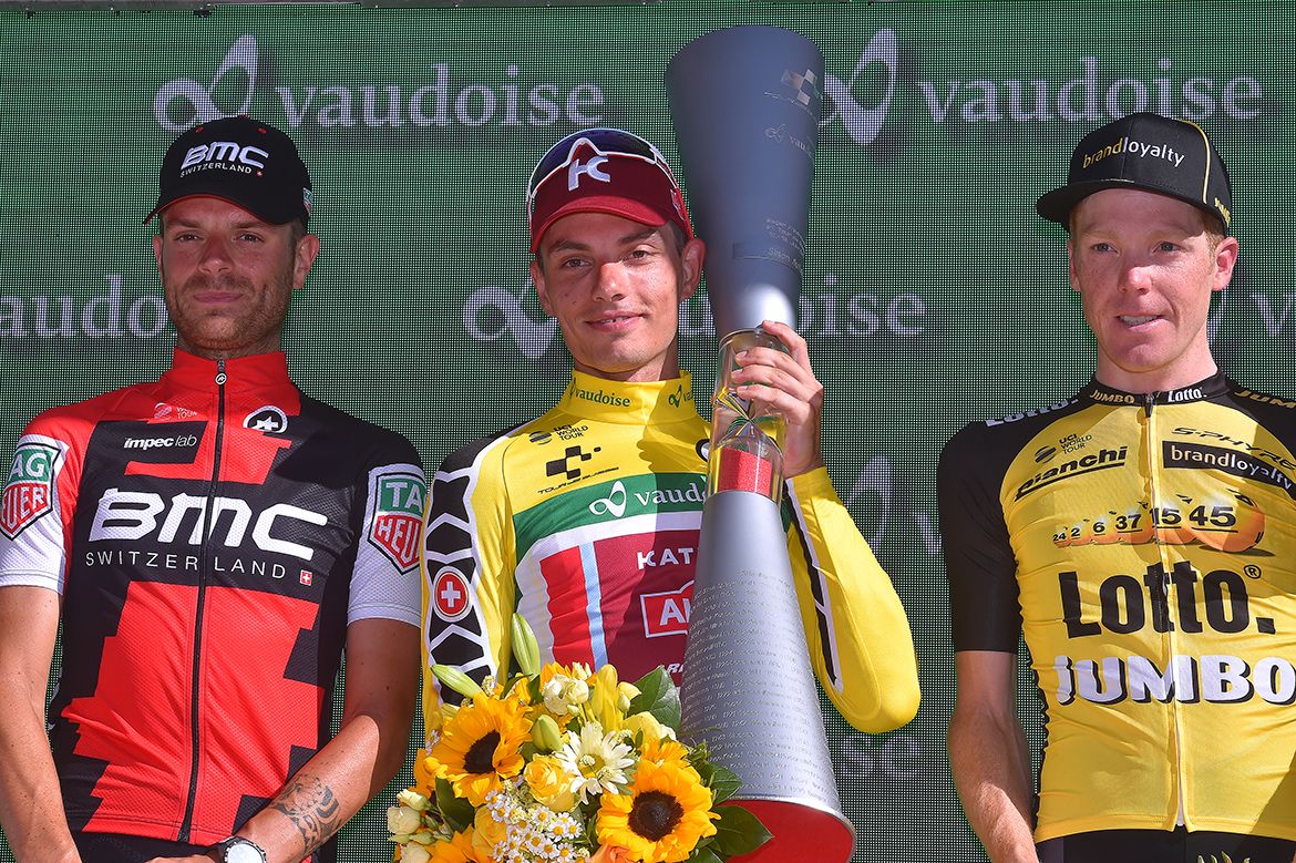 Simon Spilak (Katusha-Alpecin) with the Tour de Suisse trophy