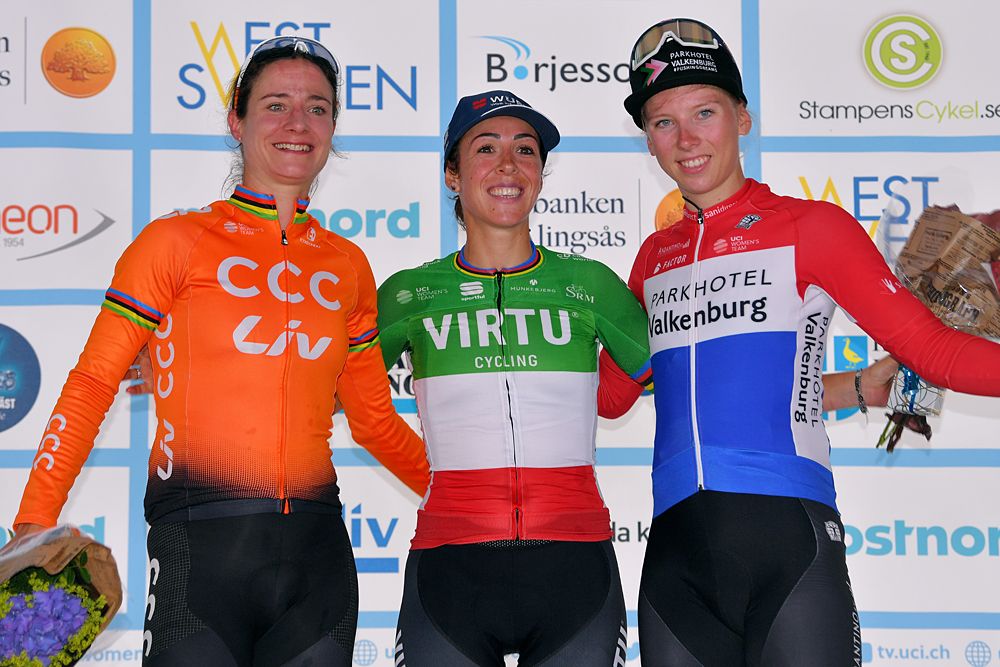 Marta Bastianelli (Virtu) wins Postnord Vargarda WestSweden, Marianne Vos (CCC-Liv) second and Lorena Wiebes (Parkhotel) third