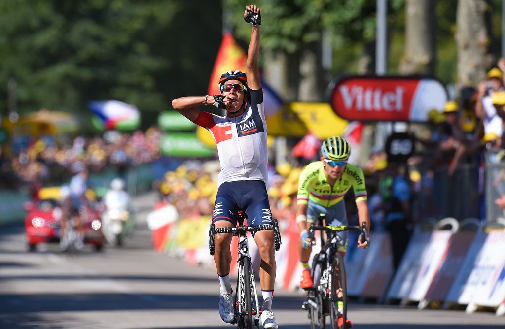 Rafał Majka (Tinkoff) was only watch on as Jarlinson Pantano (IAM Cycling) celebrates