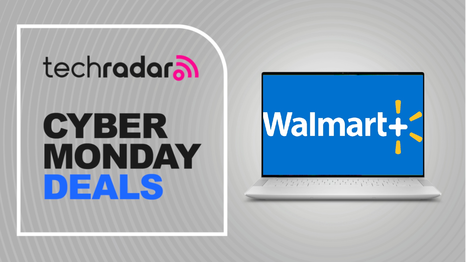 The Walmart+ logo on a laptop beside a sign reading &quot;Cyber Monday Deals&quot;