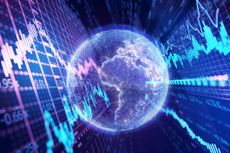 digital image of a globe with stock market charts on either side