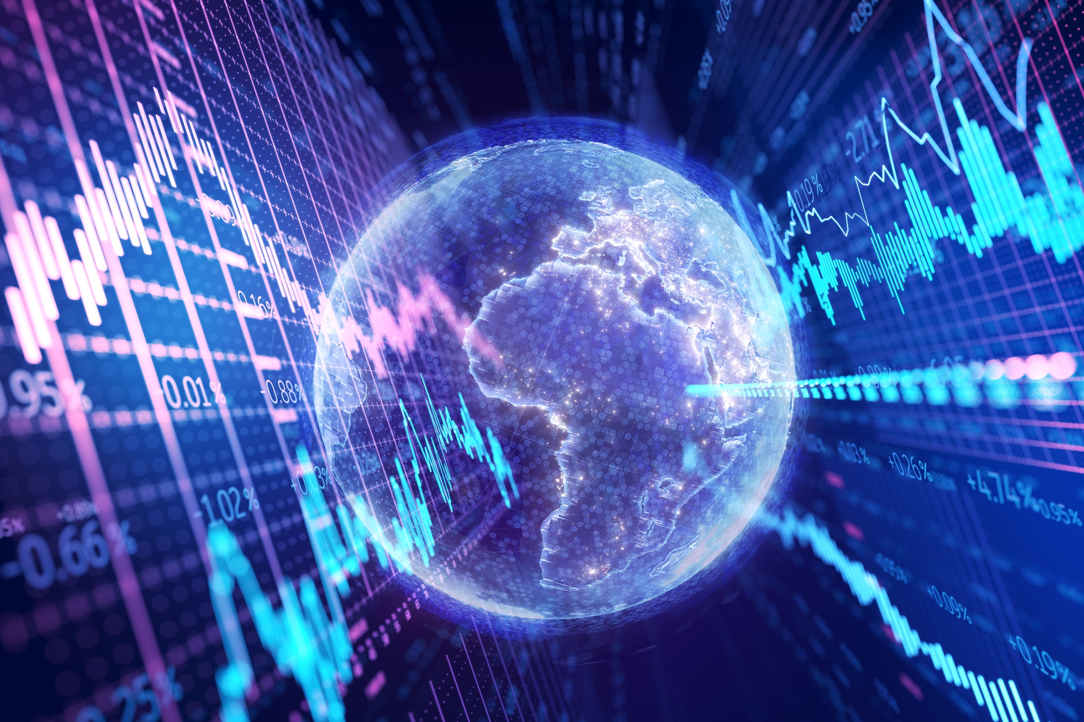 digital image of a globe with stock market charts on either side