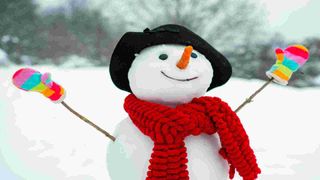 Image of a snowman with a red scarf and brown hat