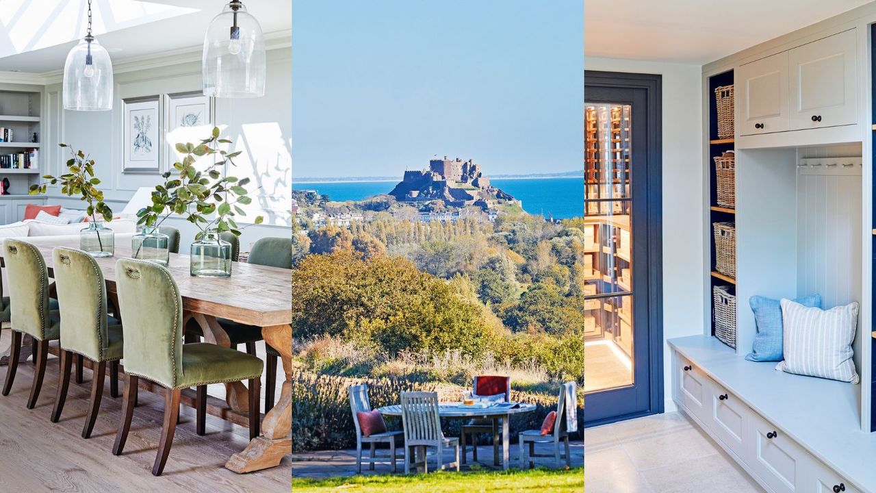 Three views of Sims Hilditch house in Jersey: dining room, view of castle, mudroom