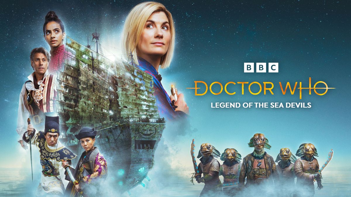 Key art for the Doctor Who 2022 special Legend of the Sea Devils featuring Jodie Whittaker, Mandip Gill, John Bishop, Arthur Lee, Crystal Yu and the Sea Devils.