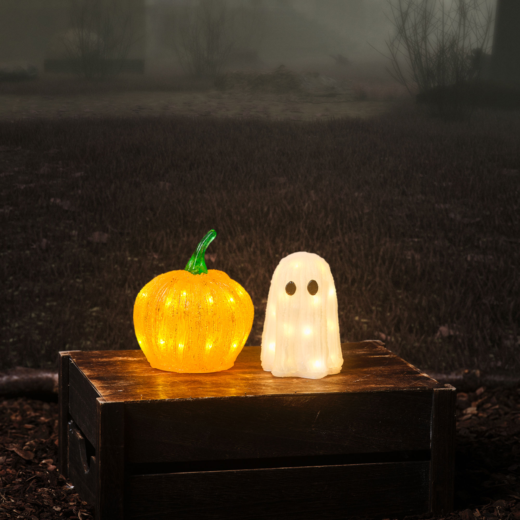 A light up pumpkin and ghost on an upturned box in the dark