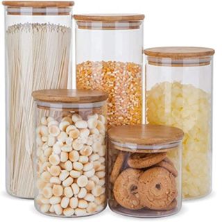 Airtight Glass Food Jars with Bamboo Wooden Lids - Set of 5