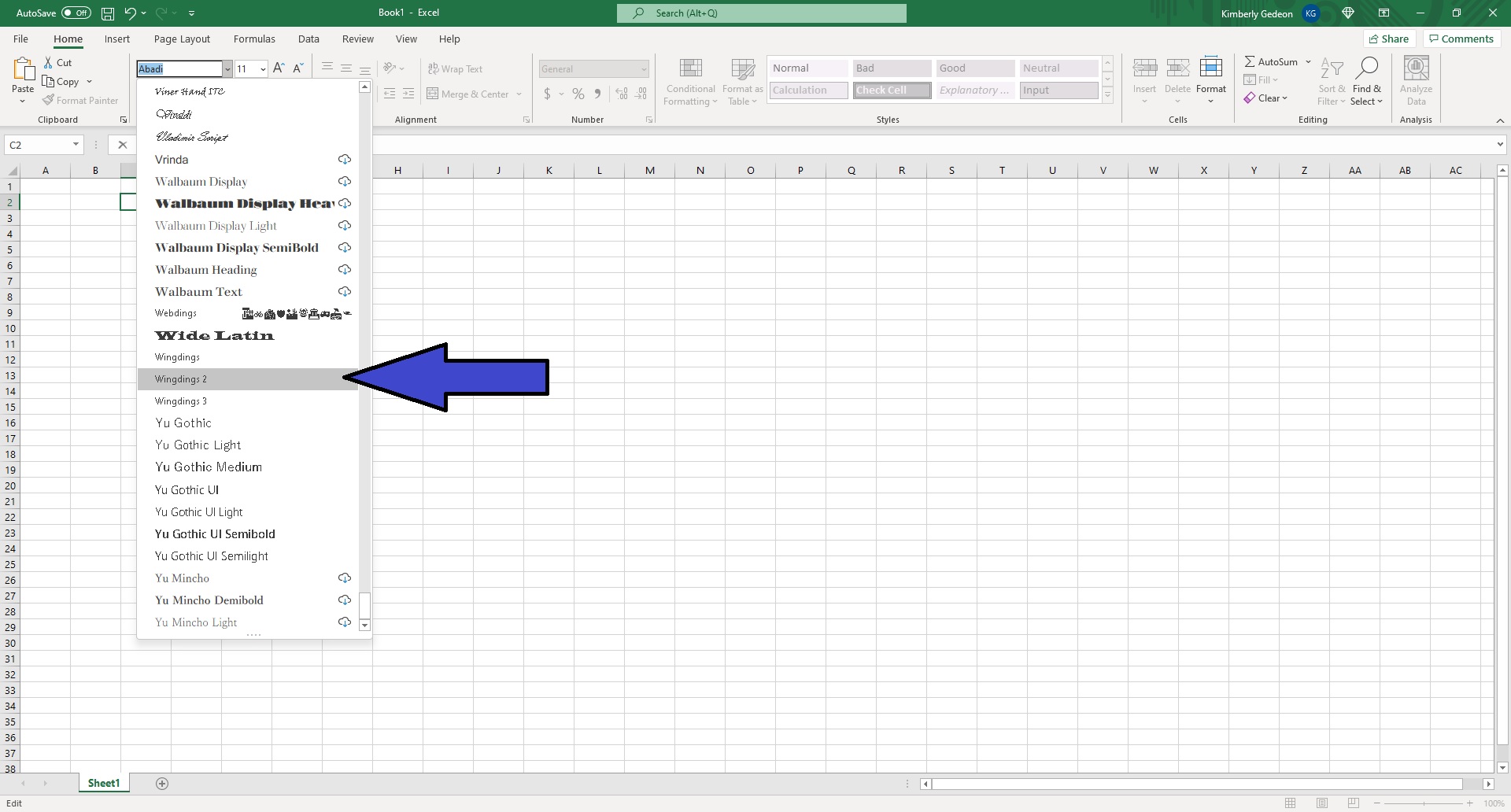 How to insert a check mark in Excel using the Wingdings 2 font