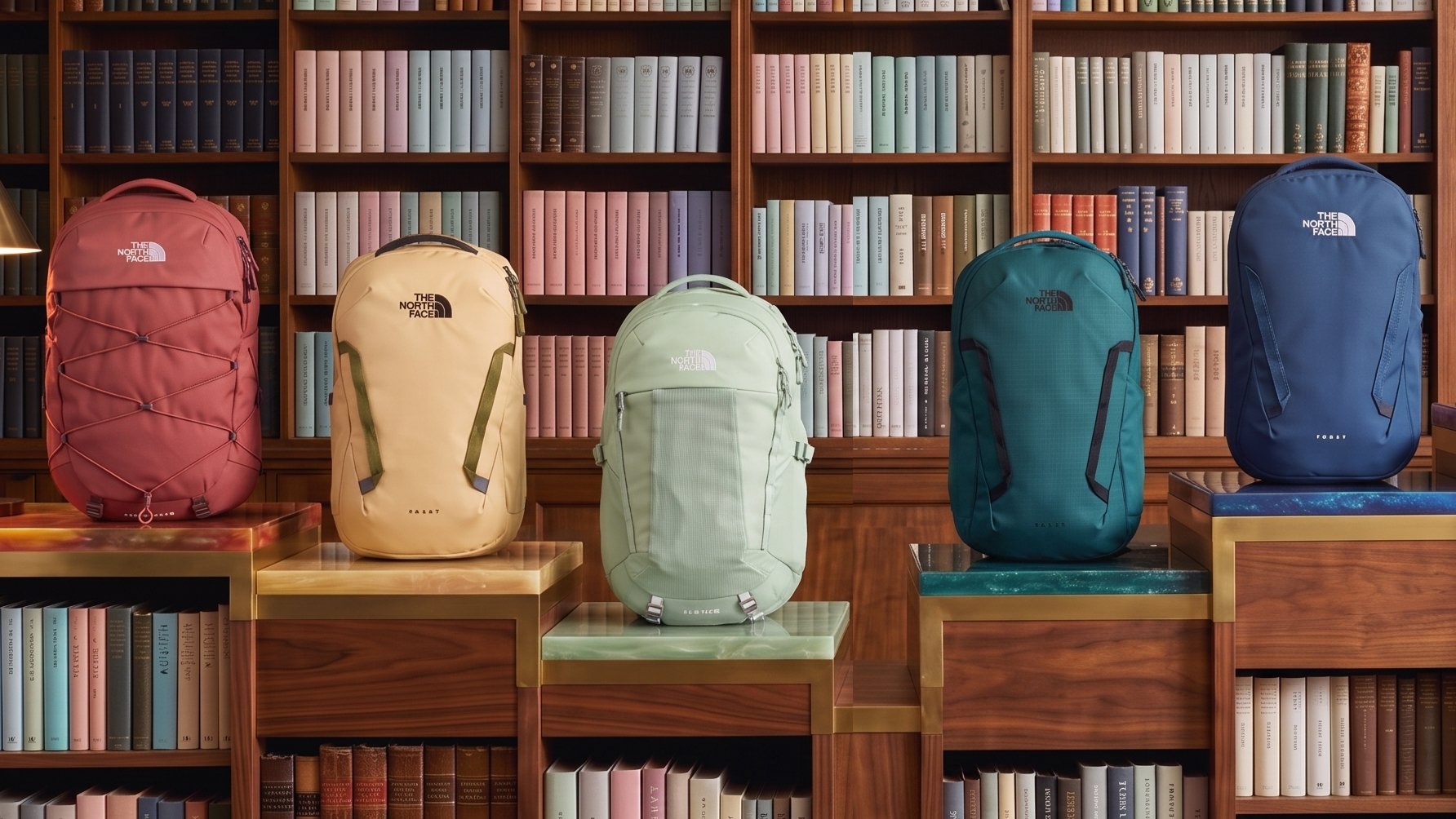 The North Face backpacks in a library