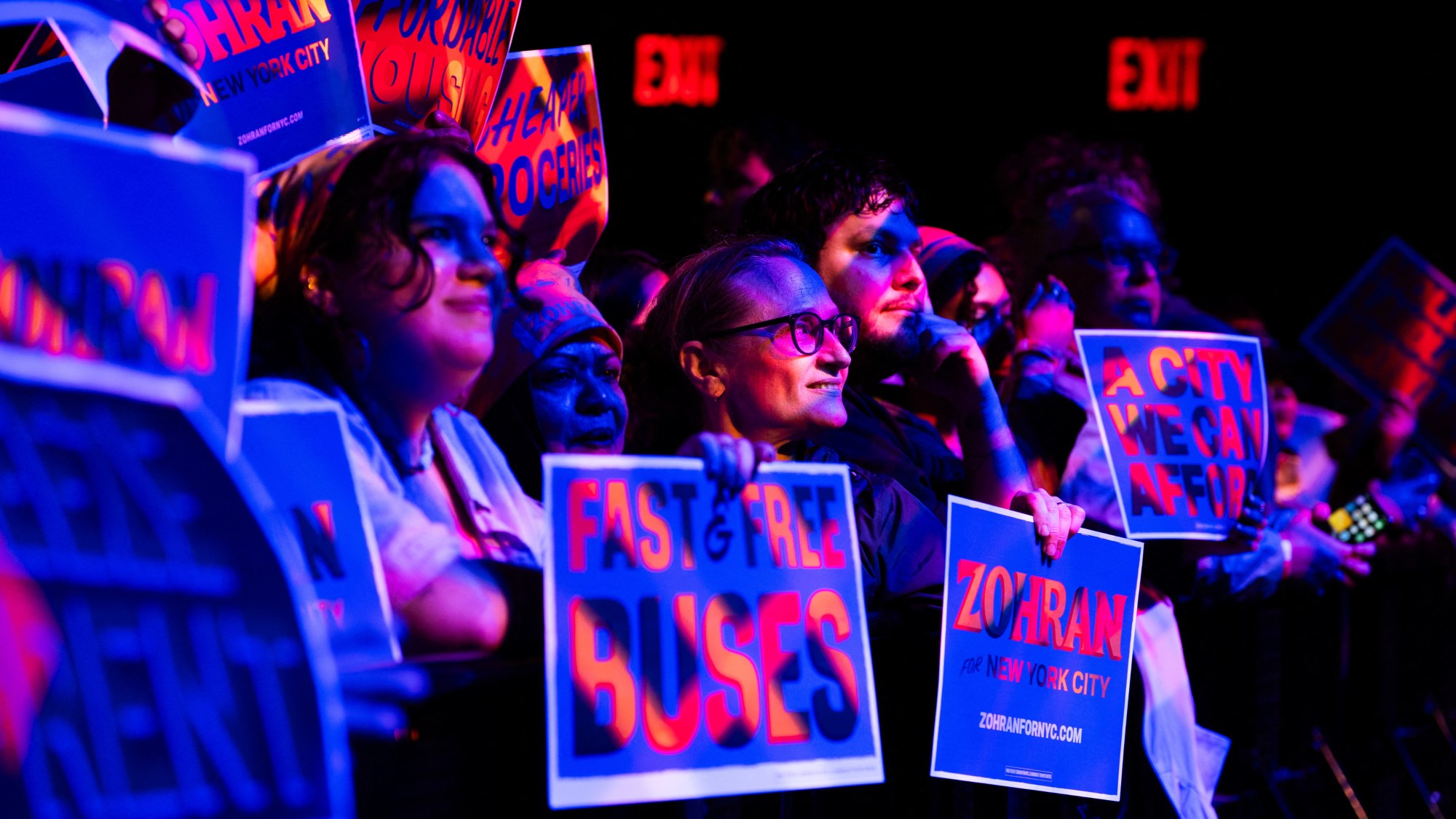 Signs at Zohran Mamdani rally