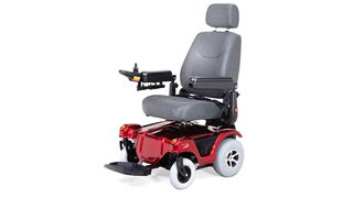 Best electric wheelchairs: The Merits P312 Compact Dualer shown with a padded, light grey seat and a bright red base offset with big grey wheels at the back and smaller white wheels at the front