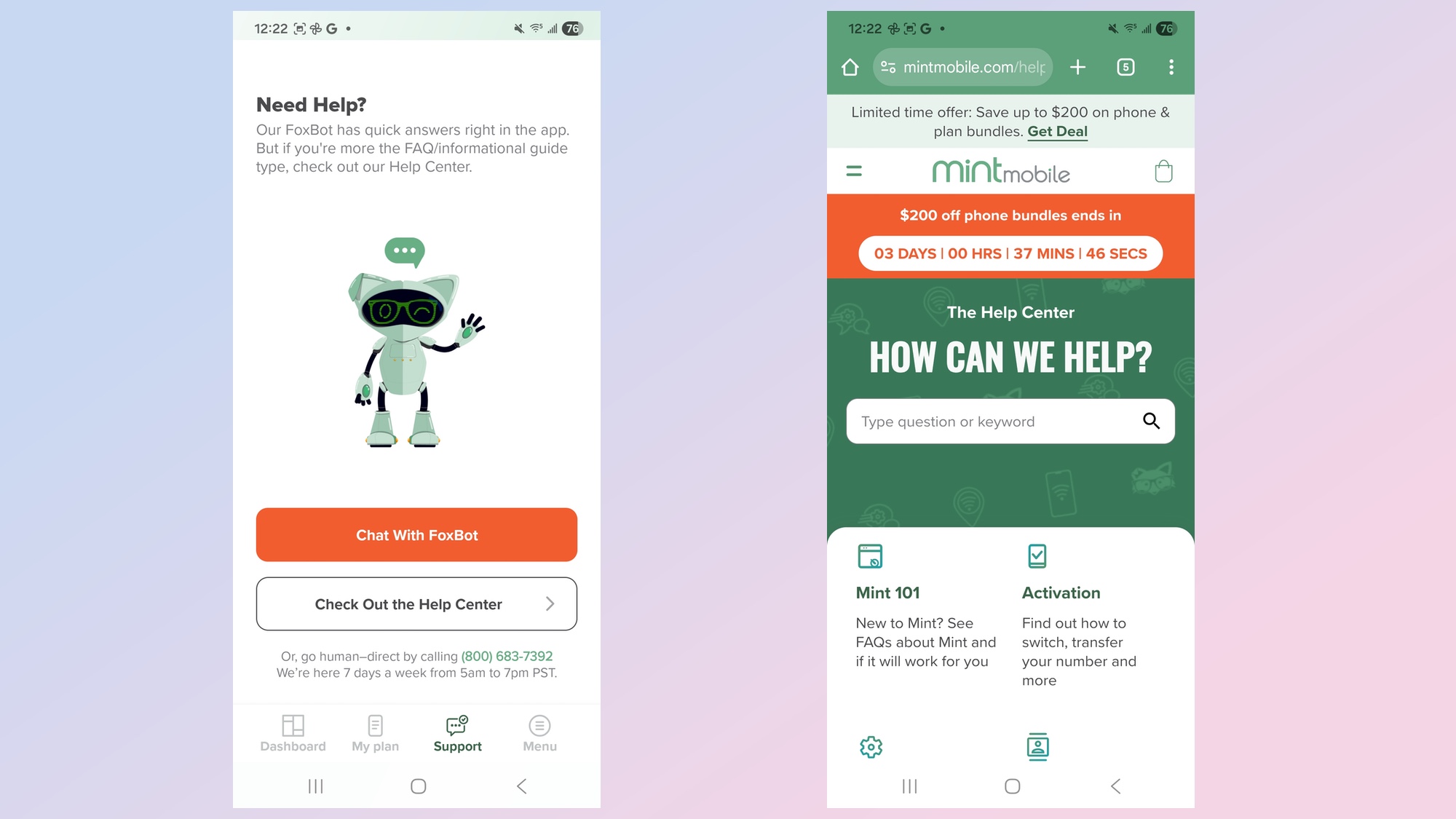 Mint Mobile app customer support section