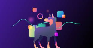 Snyk image of doberman dog with colourful shapes behind