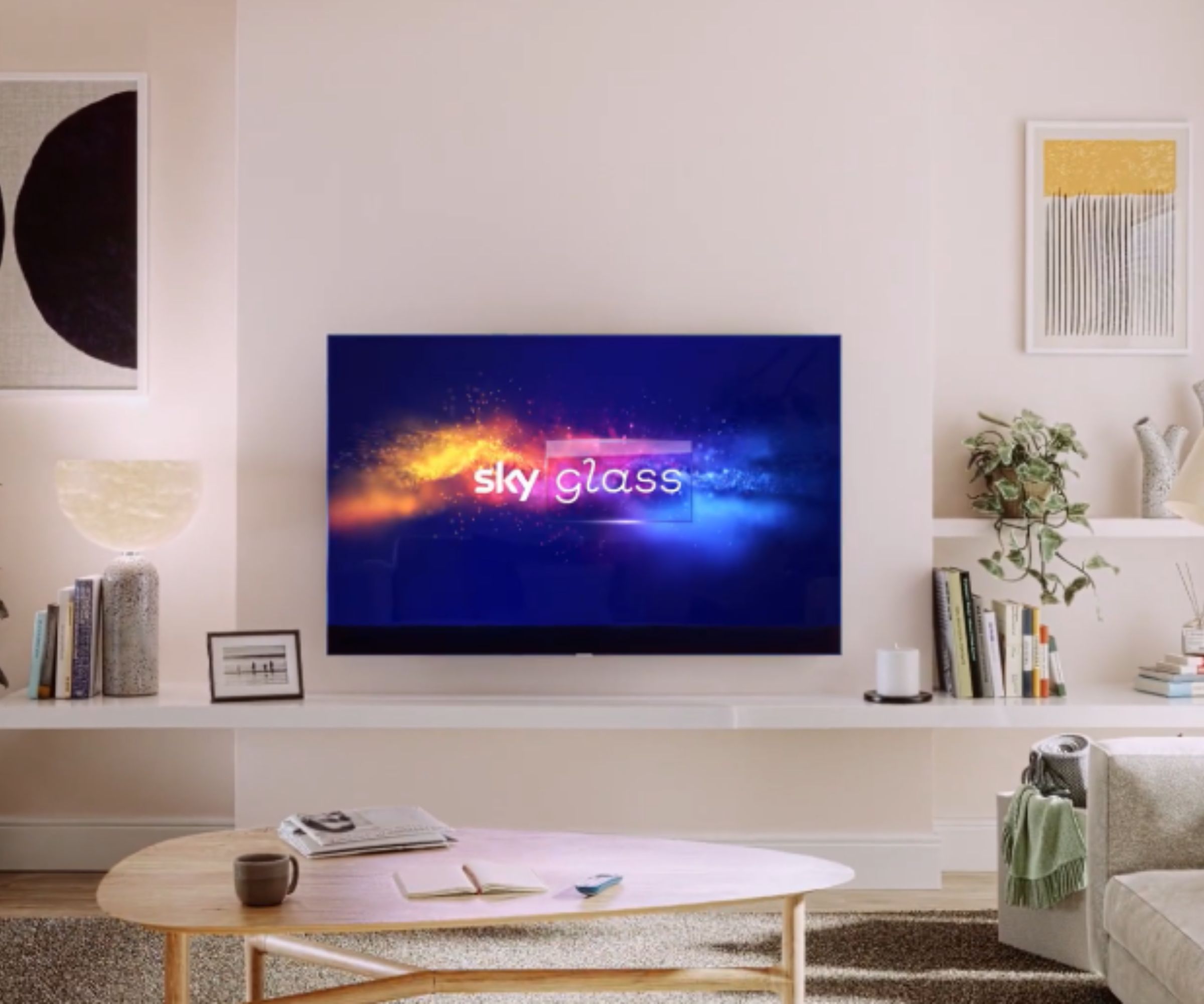 The Sky Glass TV mounted on a wall