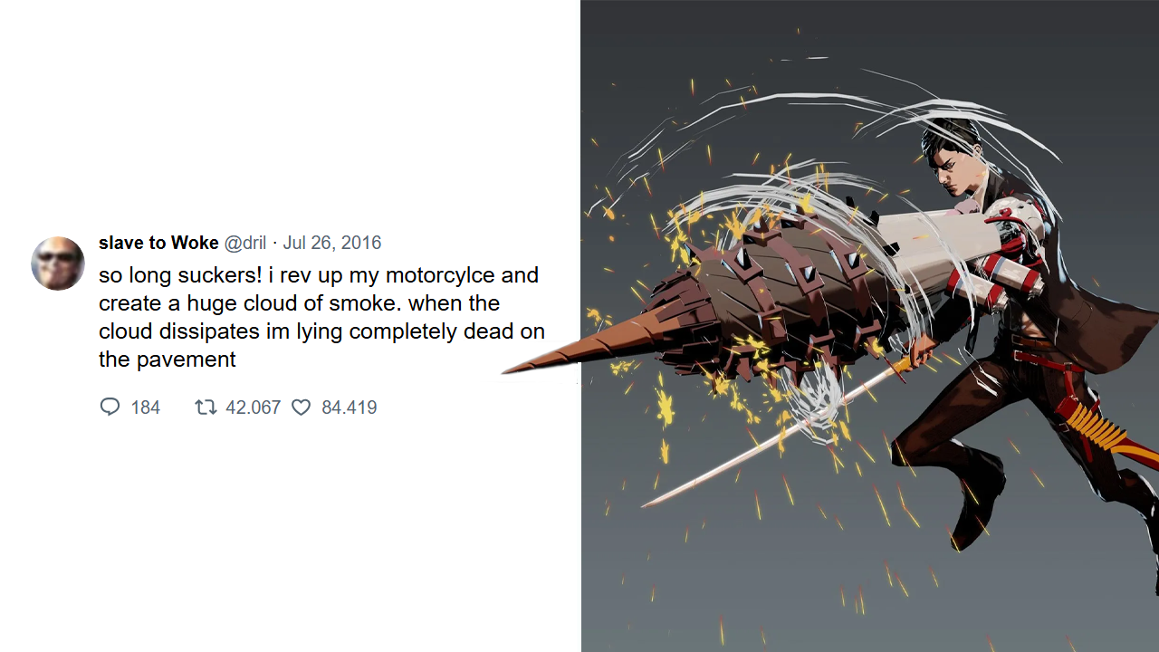 A dril tweet alongside art from the game Killer is Dead