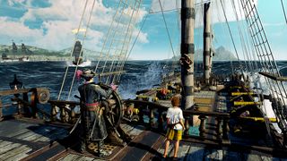 Like a Dragon: Pirate Yakuza in Hawaii review; A computer-generated image shows a pirate ship at sea with people on deck looking at other ships.